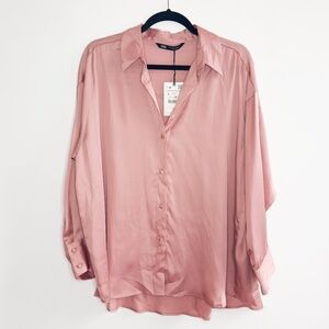 Zara Women's Rose Pink Silk Satin Long Sleeve Button Down Shirt Top L